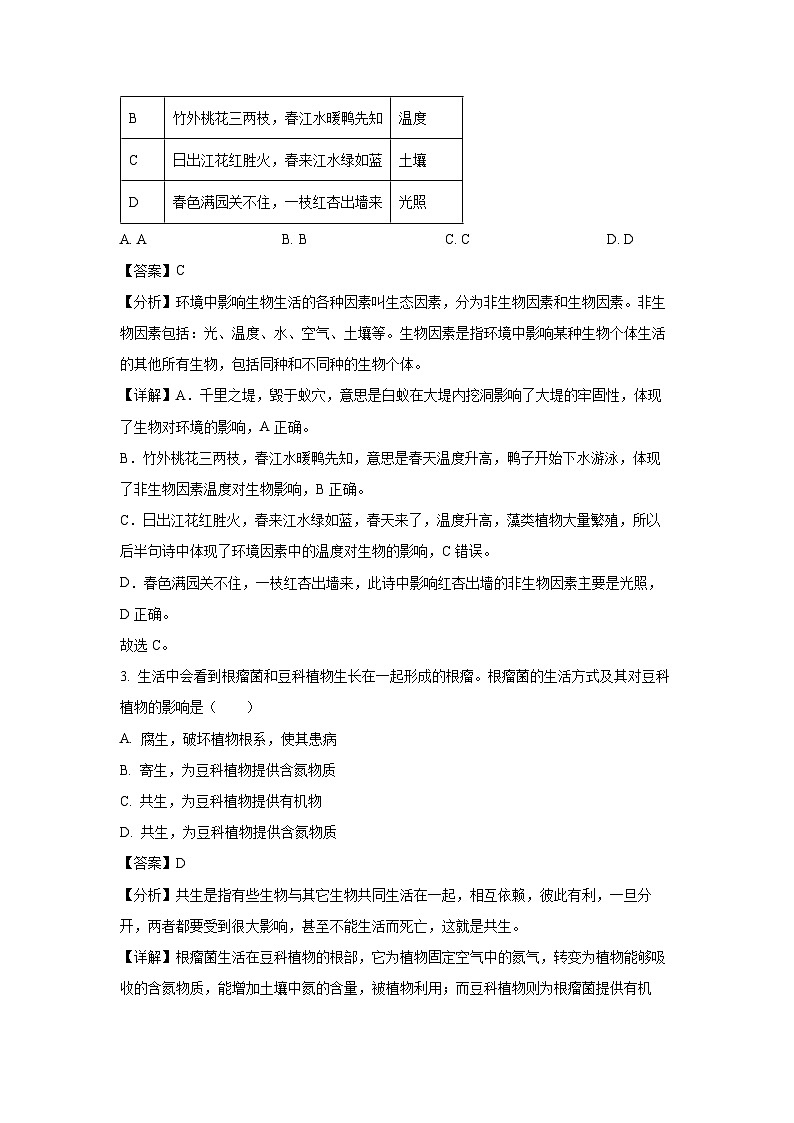2023~2024学年山东省淄博市临淄区八年级上学期期末生物试卷（解析版）第2页