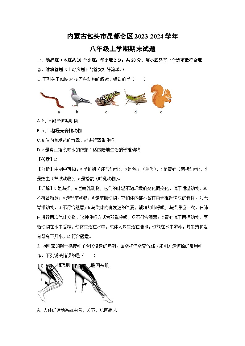 2023~2024学年内蒙古包头市昆都仑区八年级上学期期末生物试卷（解析版）第1页