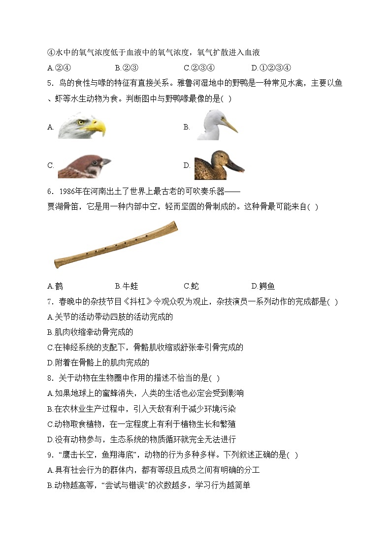 内蒙古呼伦贝尔市扎兰屯市2024-2025学年八年级上学期期末考试生物试卷(含答案)第2页