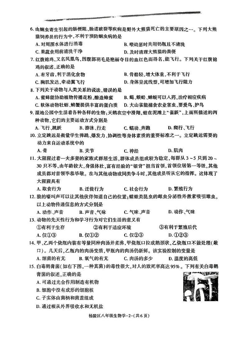 陕西省咸阳市杨凌区2024-2025学年八年级上学期期末调研生物试题第2页