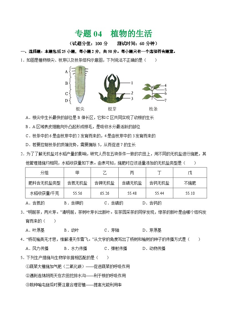 中考生物第二轮复习专题练习专题04 植物的生活（测试）（原卷版）第1页