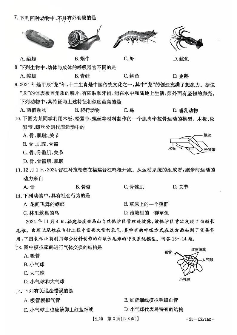 福建省泉州市台商投资区2024-2025学年八年级上学期期末考试生物试卷第2页