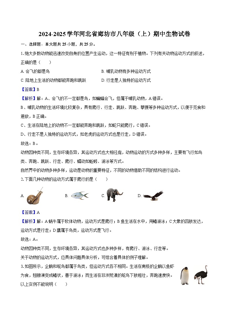 2024-2025学年河北省廊坊市八年级（上）期中生物试卷（含解析）第1页