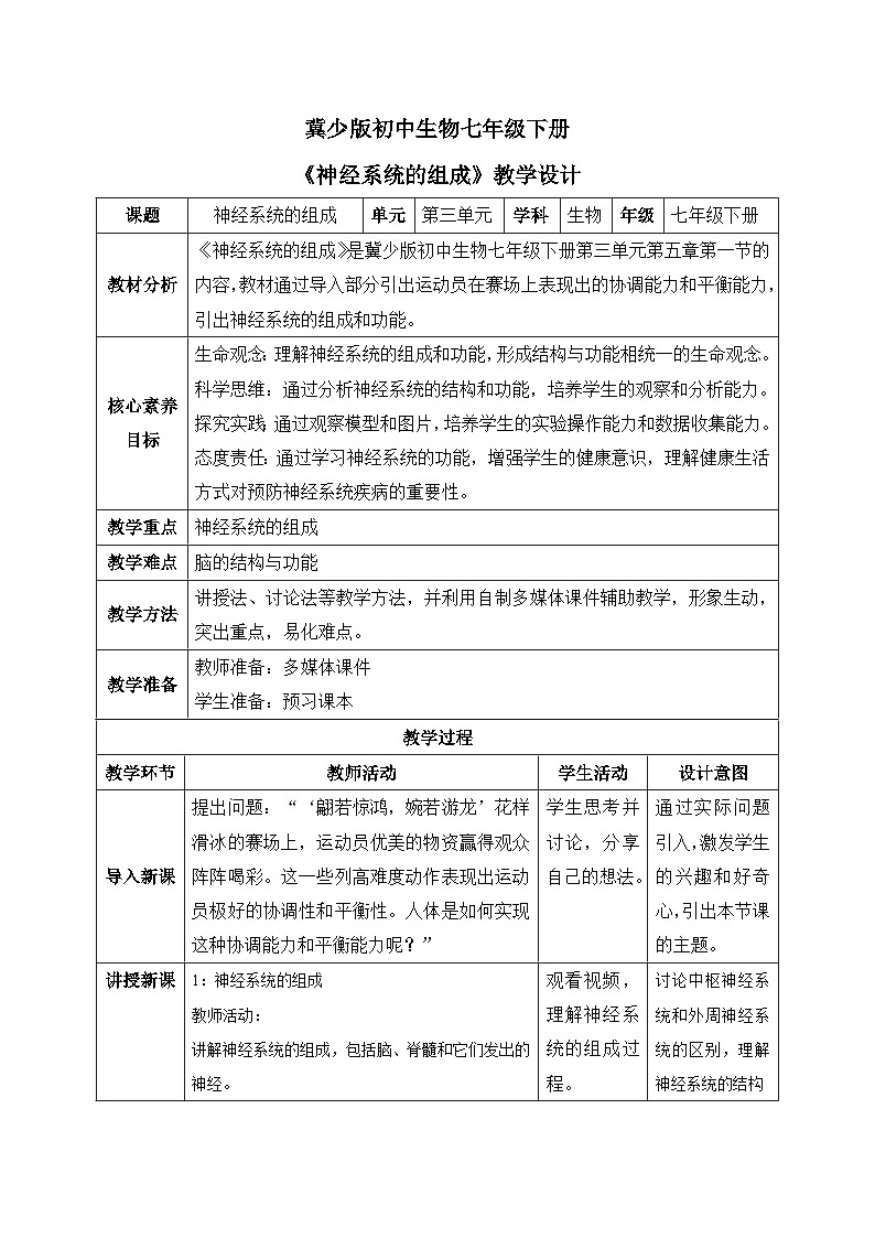 【核心素养目标】冀少版初中生物七年级下册第三单元第五章第一节《神经系统的组成》教案（表格式）第1页