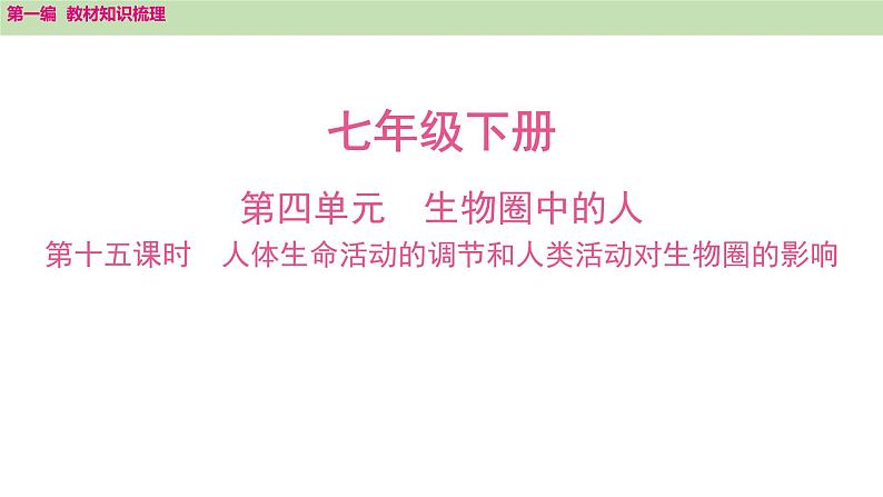 2025年中考知识整理七年级生物上册第十五课时　人体生命活动的调节和人类活动对生物圈的影响课件PPT第1页