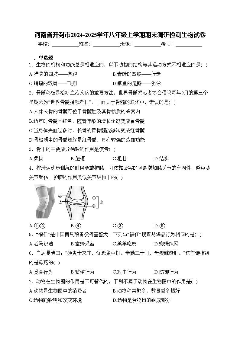 河南省开封市2024-2025学年八年级上学期期末调研检测生物试卷(含答案)第1页