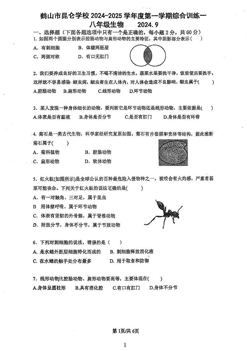 广东省江门市鹤山市昆仑学校2024-2025学年八年级上学期第一次月考生物学试卷第1页