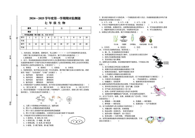 江西省赣州市寻乌县2024-2025学年七年级上学期期末考试生物试题第1页