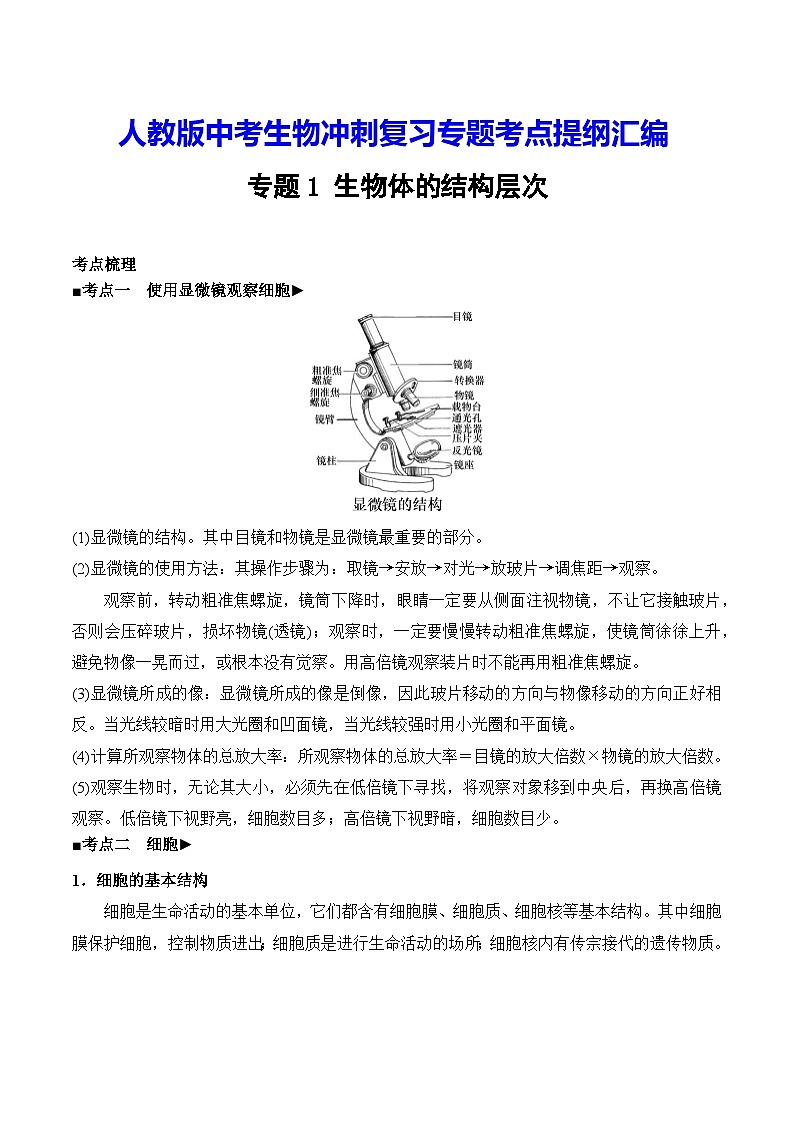 人教版中考生物冲刺复习专题考点提纲汇编 学案第1页