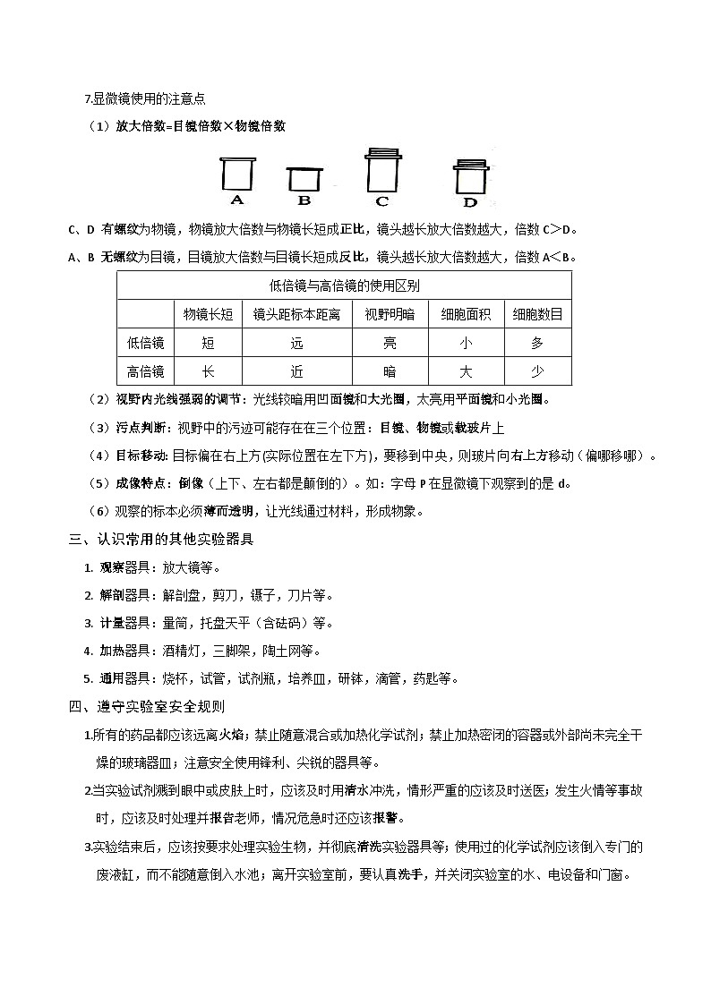 苏教版（2024新版）生物七年级上册期末复习知识点提纲 学案第2页