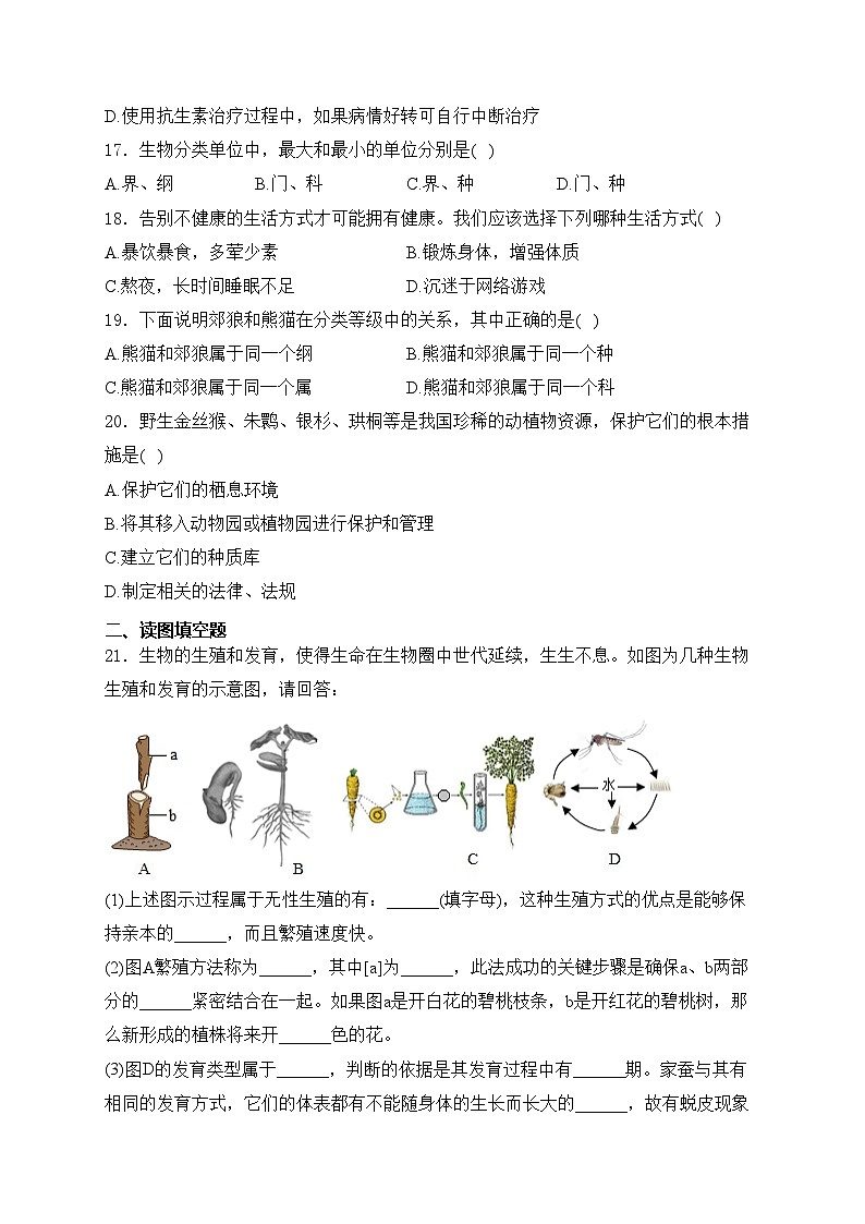 吉林省四平市铁东区2024-2025学年八年级上学期12月期末考试生物试卷(含答案)第3页
