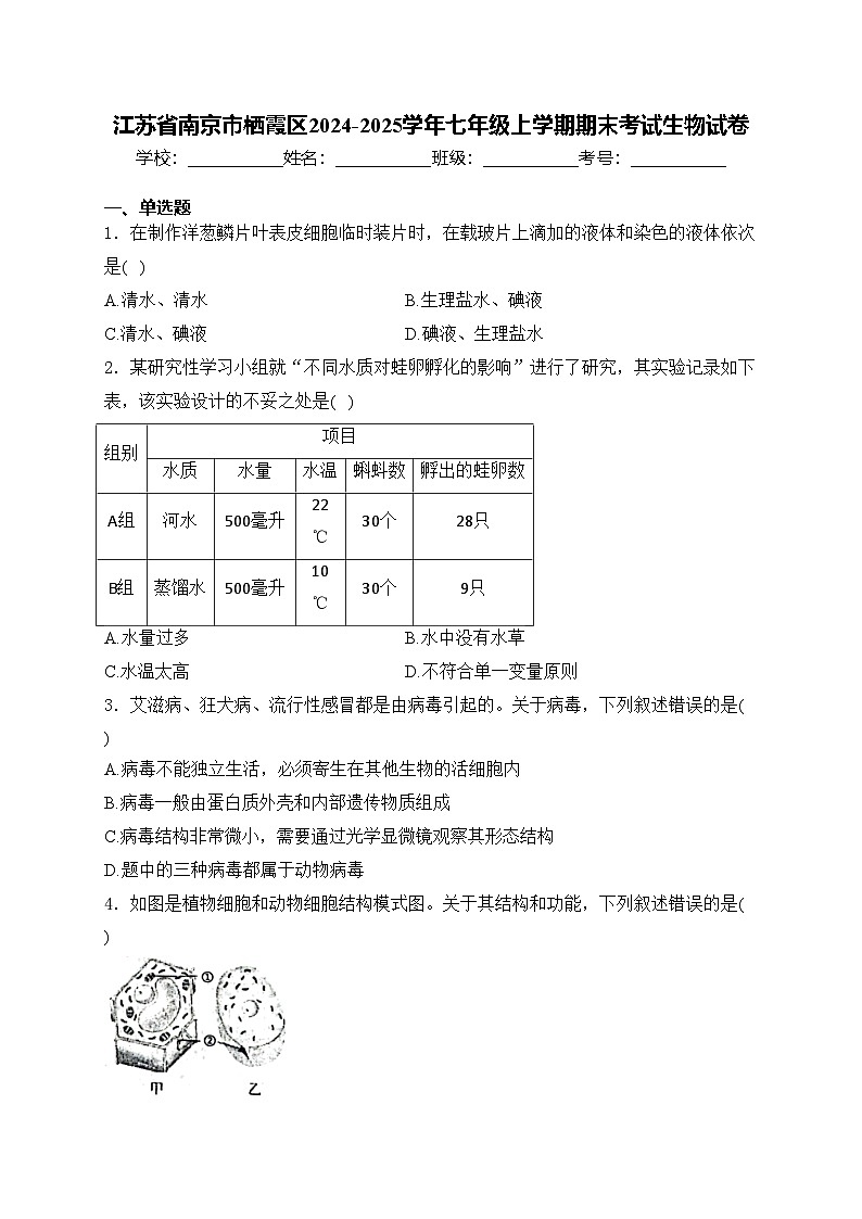 江苏省南京市栖霞区2024-2025学年七年级上学期期末考试生物试卷(含答案)第1页