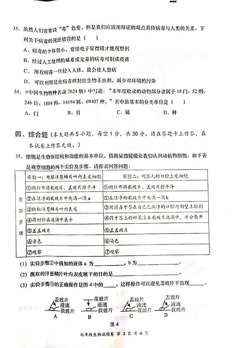 广西梧州市藤县2024-2025学年七年级上学期1月期末生物试题第3页