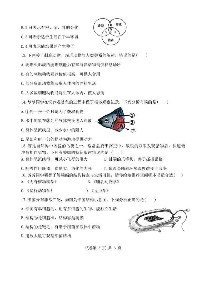 2024～2025学年江西省上饶市七年级上期末生物试卷(含答案)第3页