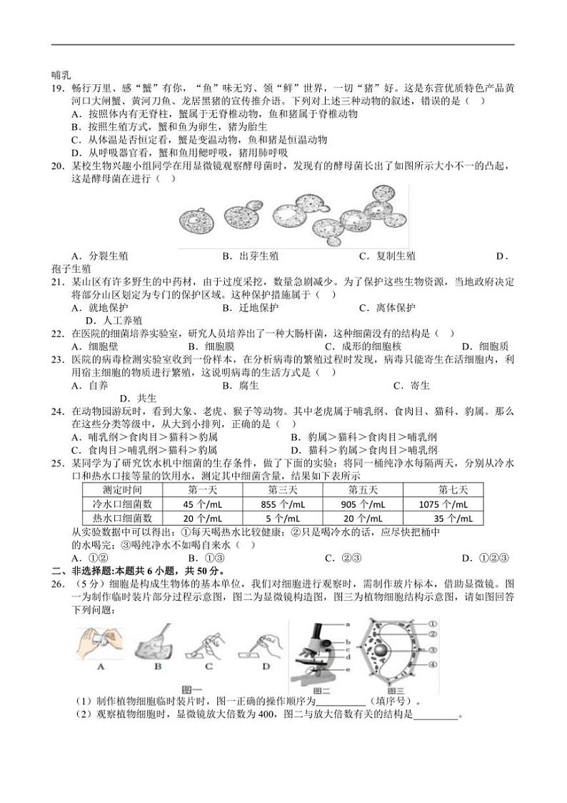 2024～2025学年湖南省永州市道县七年级上期末考试生物试卷(含答案)第3页