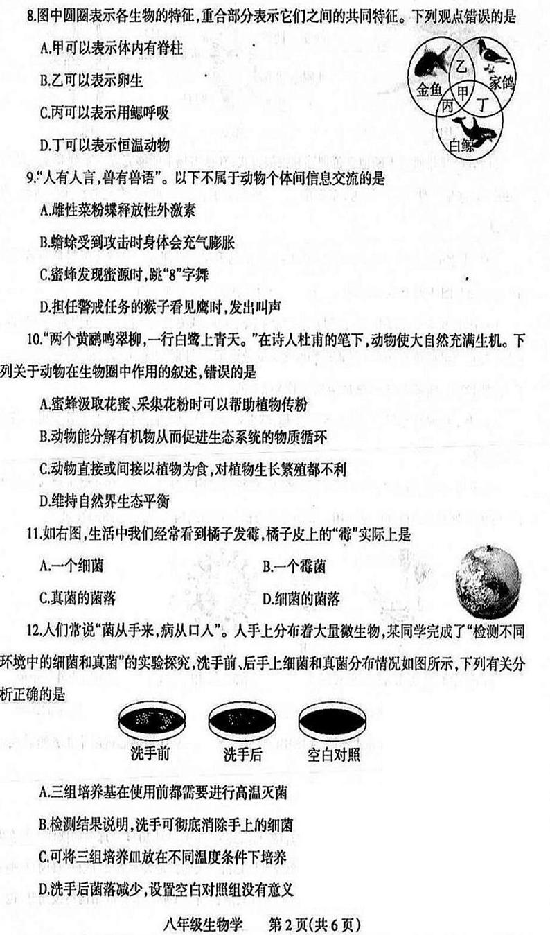 焦作市2024-2025学年八年级上学期期末生物试卷及答案第2页