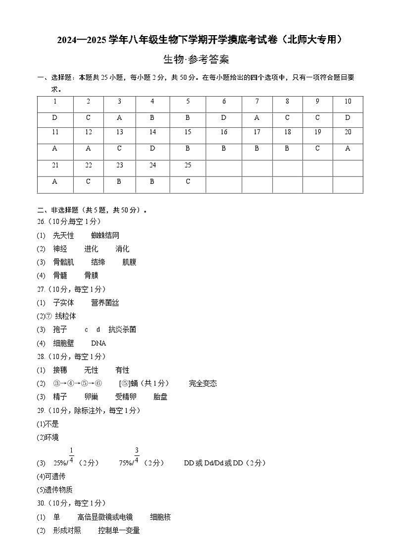 八年级生物开学摸底考（北师大版）（参考答案）第1页