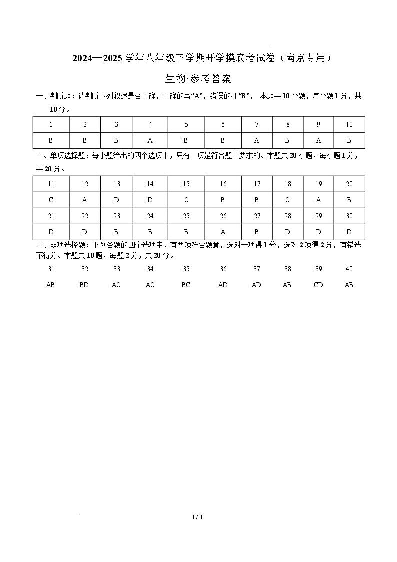 八年级生物开学摸底考（南京专用）（参考答案）第1页