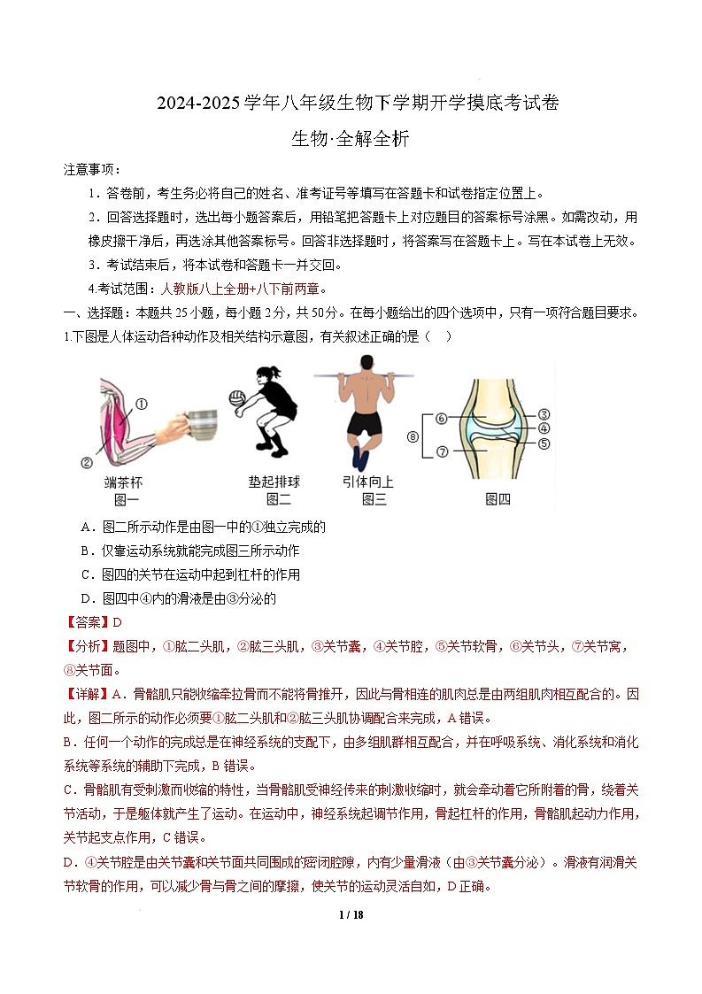 八年级生物开学摸底考（安徽专用）-2024-2025学年初中下学期开学摸底考试卷 （安徽专用）（全解全析）第1页