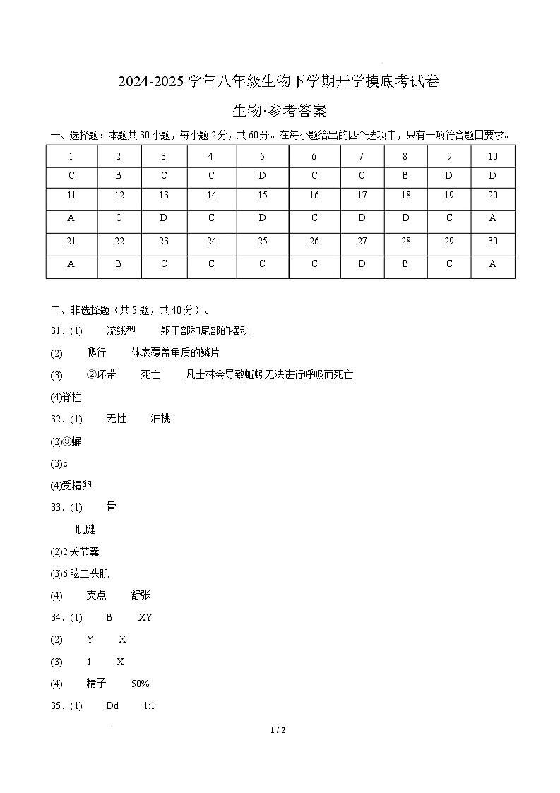 八年级生物开学摸底考（广州专用）-2024-2025学年初中下学期开学摸底考试卷 （广州专用）（参考答案）第1页