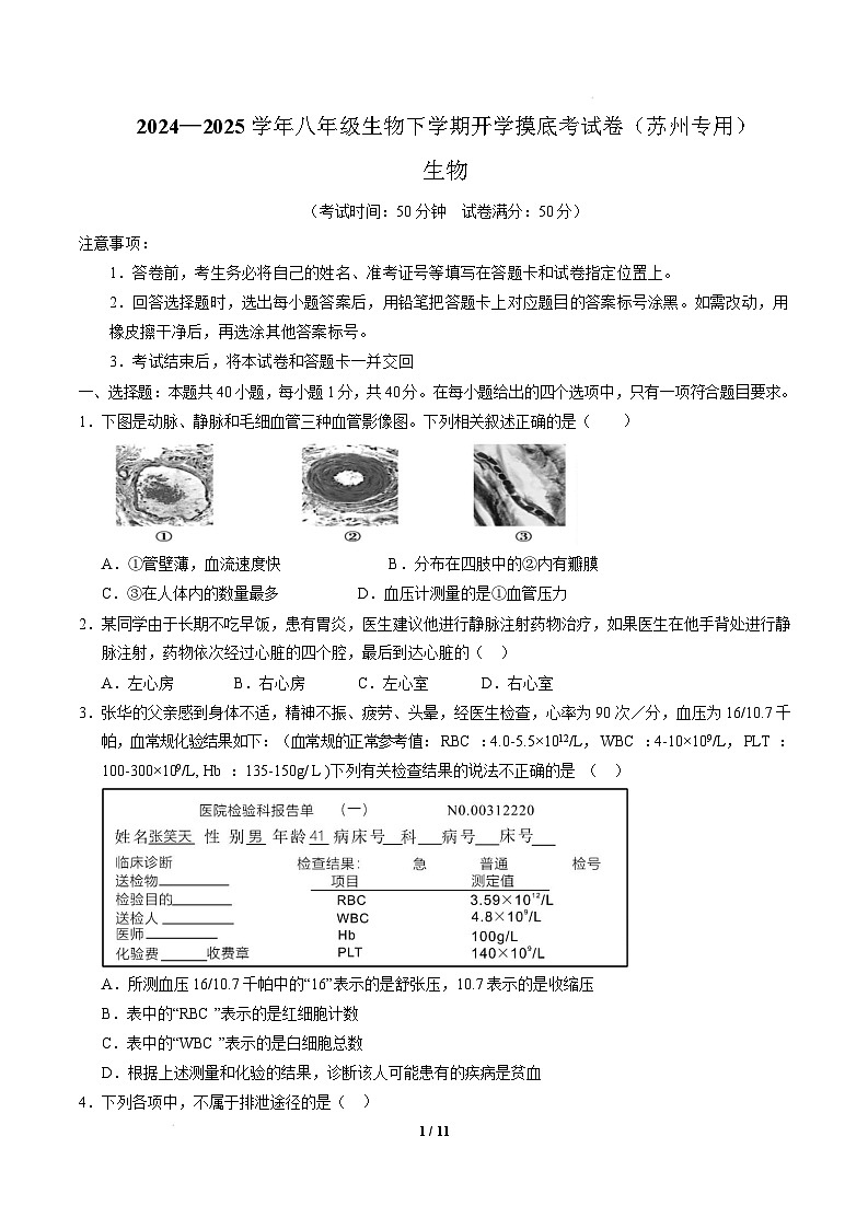 八年级生物开学摸底考（苏州专用）（考试版）第1页