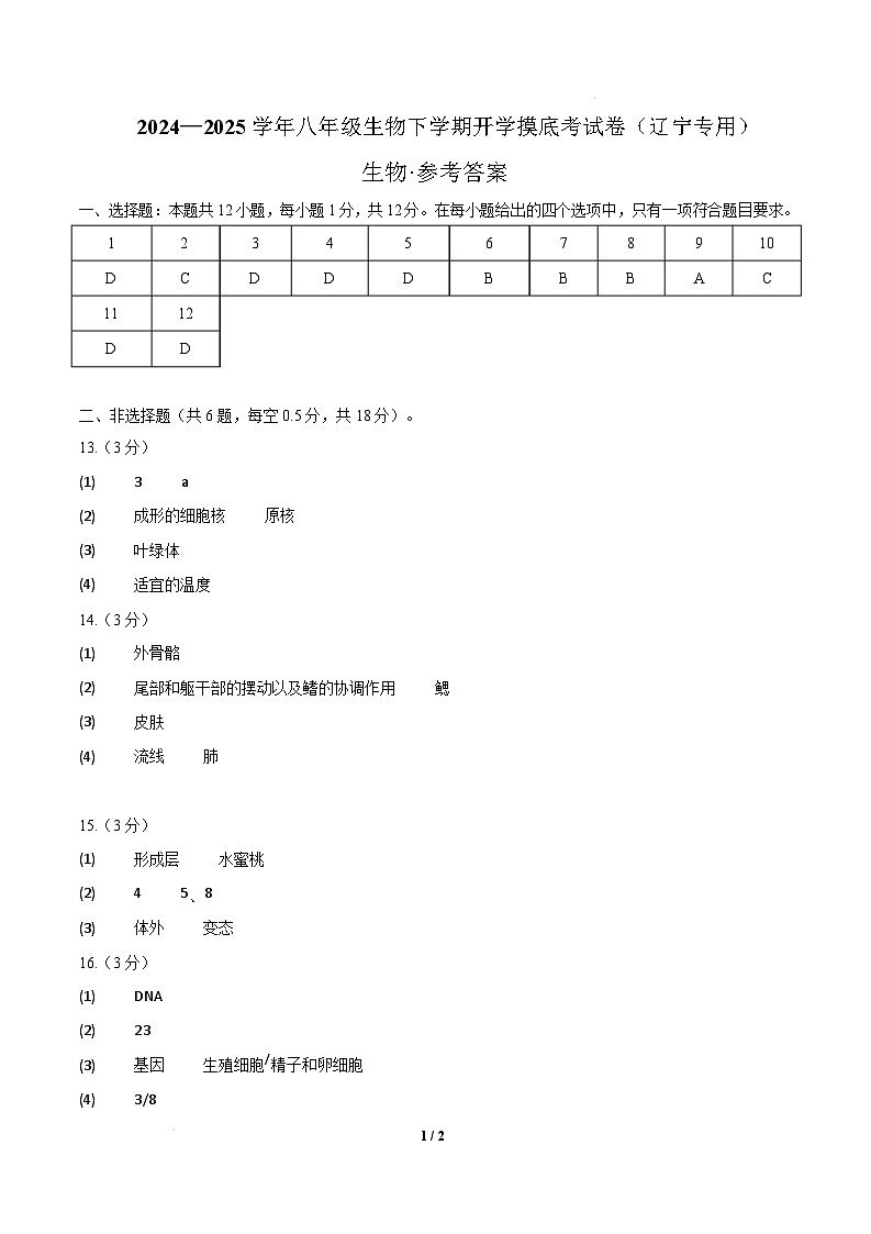 八年级生物开学摸底考（辽宁专用）（参考答案）第1页