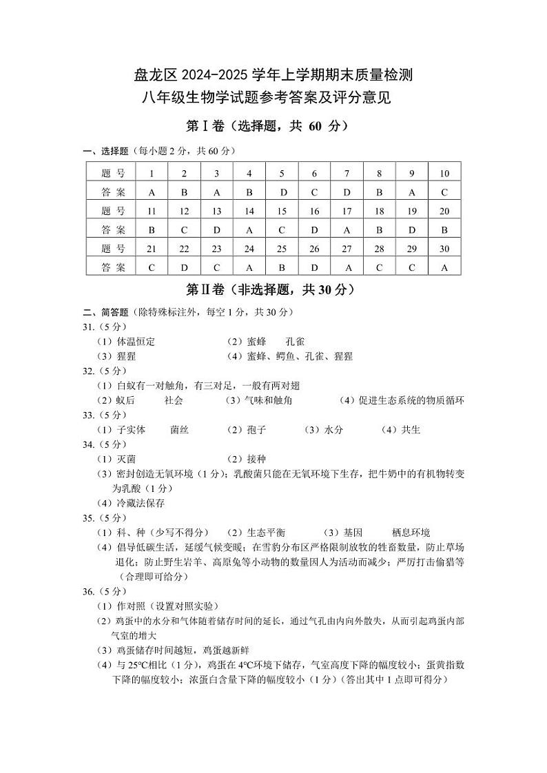 【07生物】盘龙区2024-2025学年上学期期末质量监测八年级生物答案（pdf原版）第1页