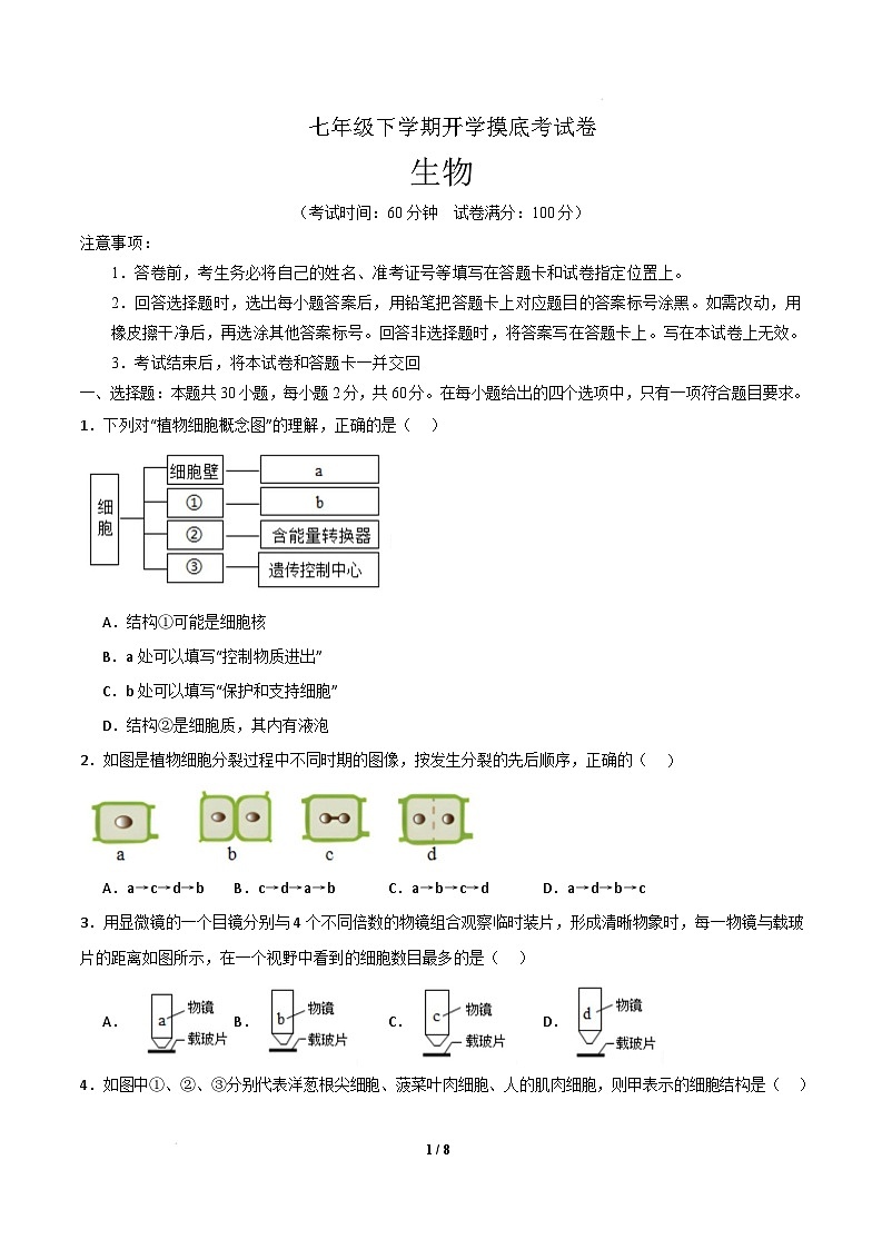 七年级生物开学摸底考（考试版）（北京专用）第1页