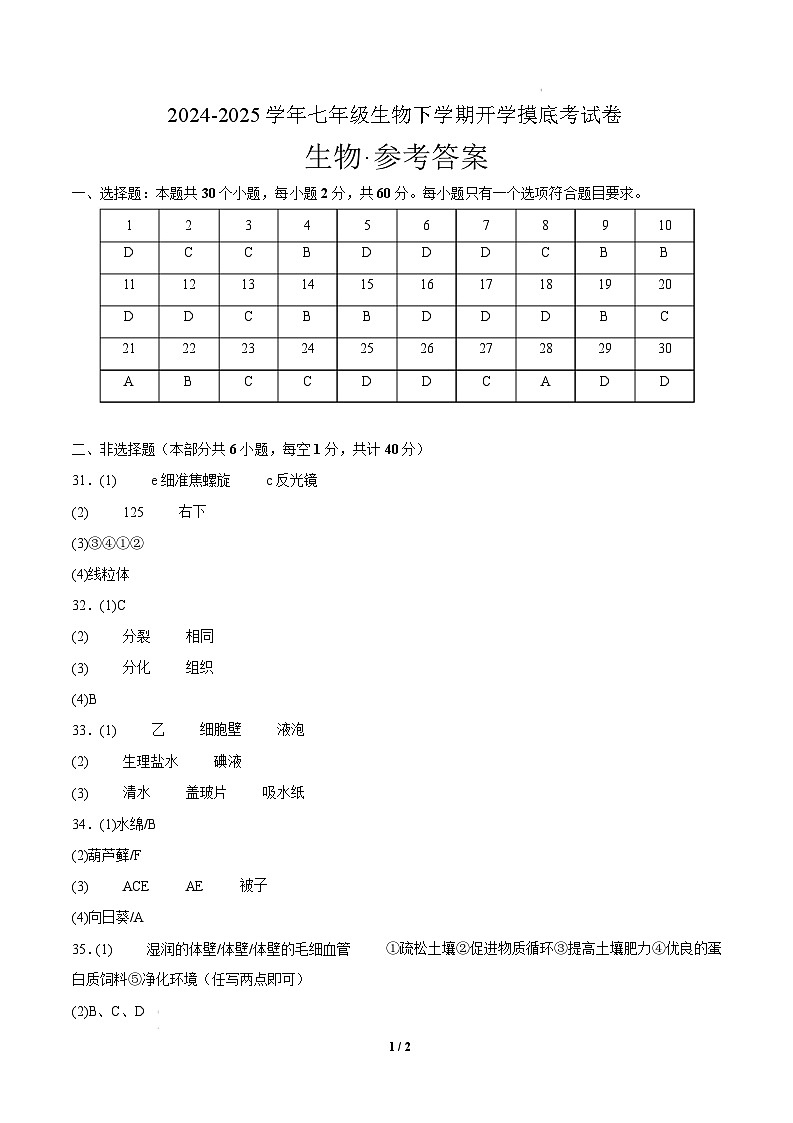 七年级生物开学摸底考（湖南专用）-2024-2025学年初中下学期开学摸底考试卷 七年级生物开学摸底考（湖南专用）（参考答案）第1页