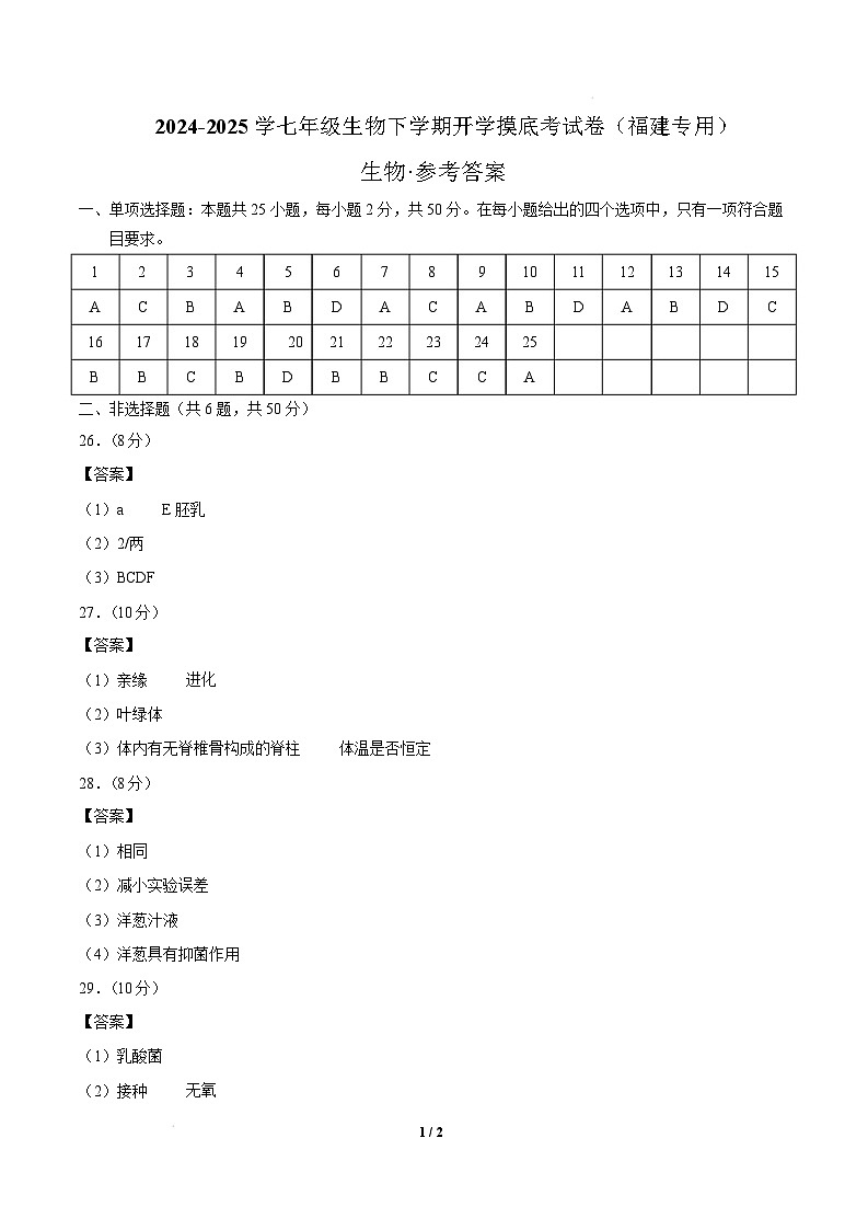 七年级生物开学摸底考试卷（福建专用）（参考答案）第1页