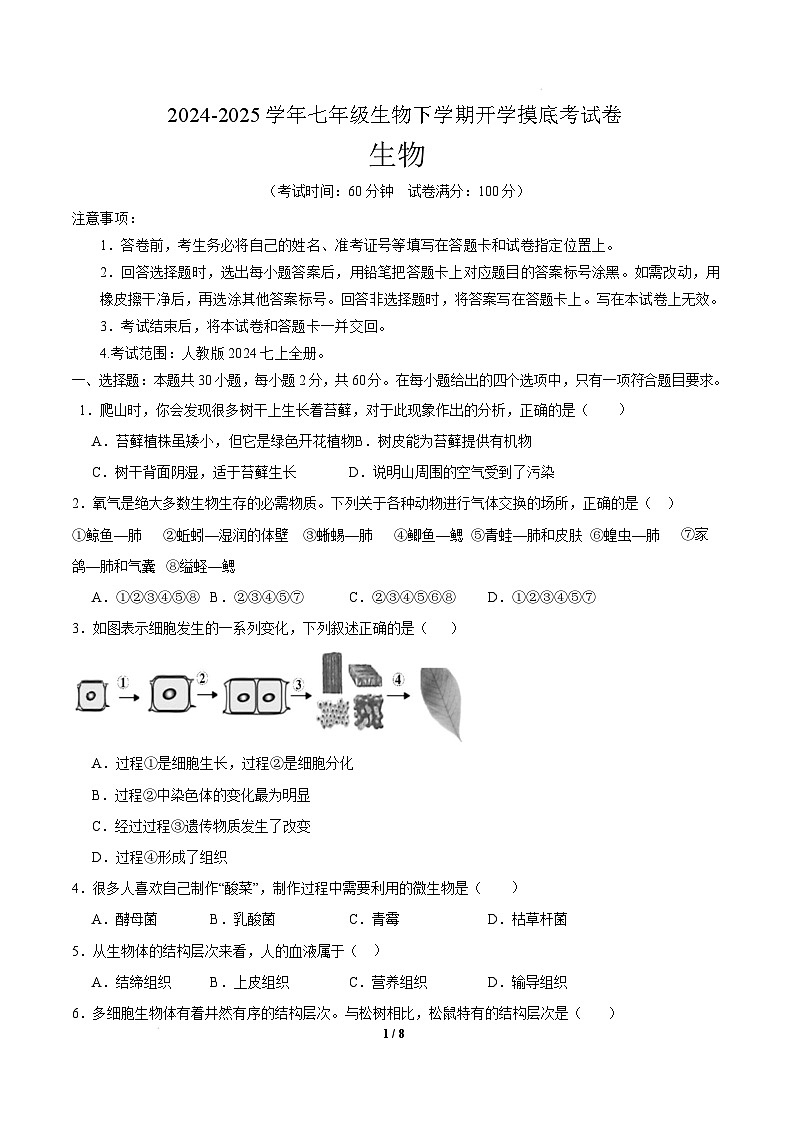 七年级生物开学摸底考（广东专用）（考试版）第1页