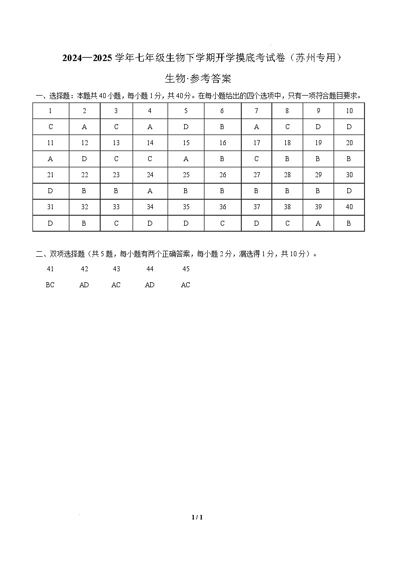 七年级生物开学摸底考（苏州专用）（参考答案）第1页