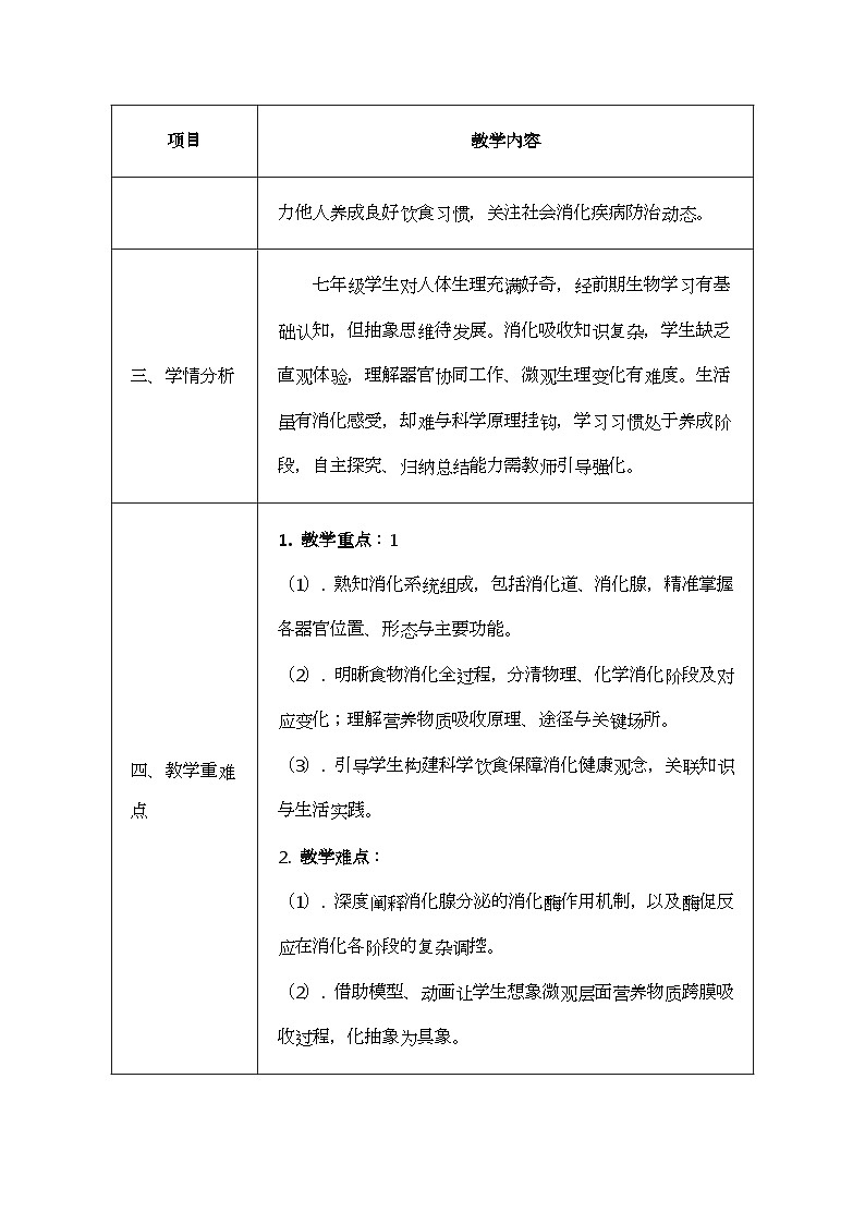 北师大版（2024）七年级下册生物6.2《食物的消化和营养物质的吸收》教案第2页