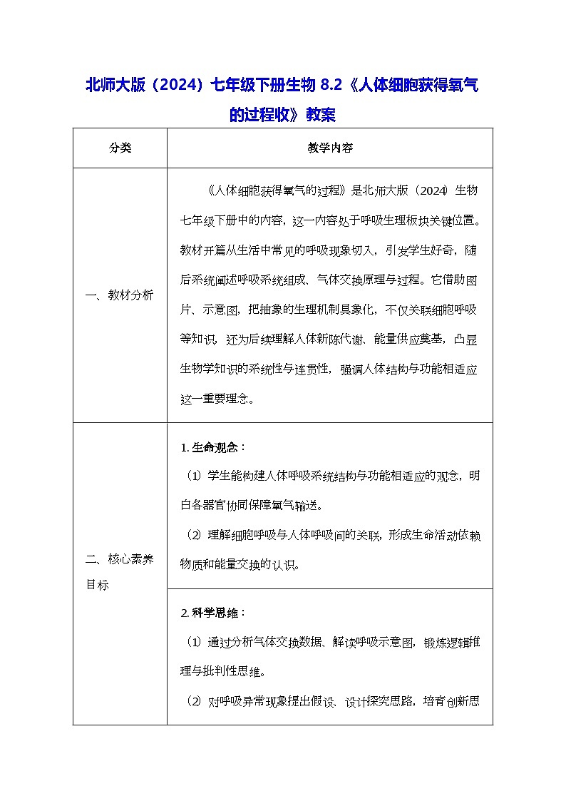 北师大版（2024）七年级下册生物8.2《人体细胞获得氧气的过程收》教案第1页