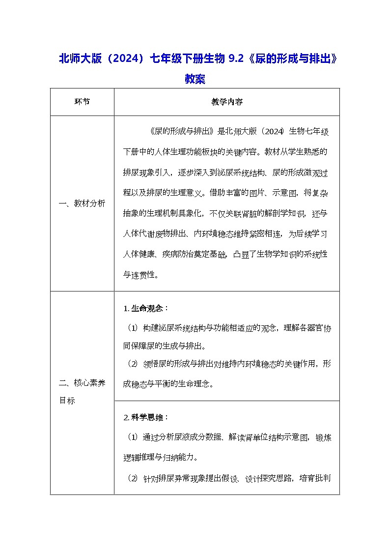 北师大版（2024）七年级下册生物9.2《尿的形成与排出》教案第1页