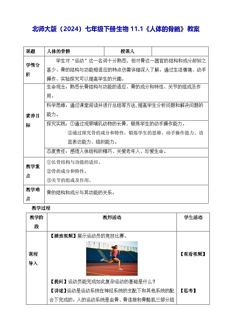 北师大版（2024）七年级下册生物11.1《人体的骨骼》教案第1页