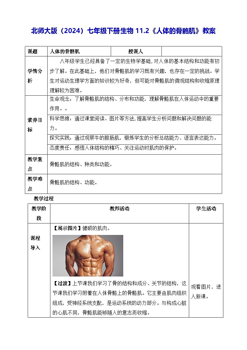 北师大版（2024）七年级下册生物11.2《人体的骨骼肌》教案第1页