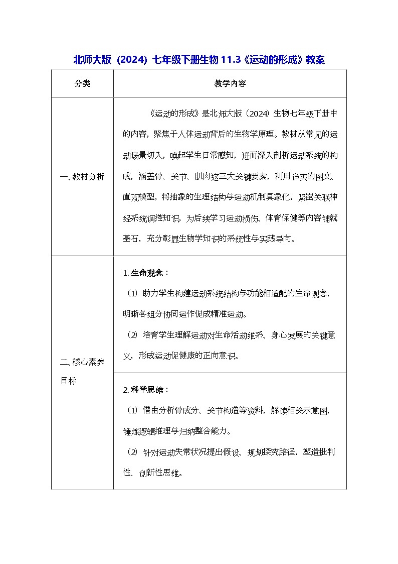 北师大版（2024）七年级下册生物11.3《运动的形成》教案第1页