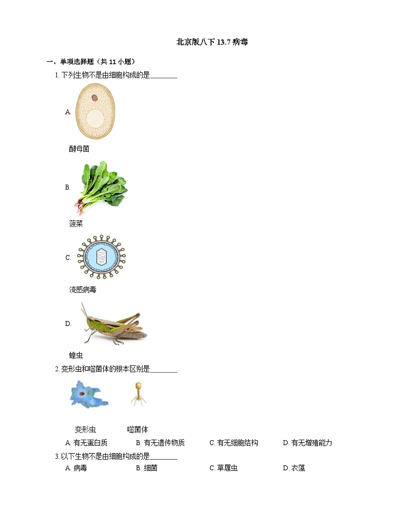 北京版 八年级下册生物   13.7病毒8 同步练习（含答案）第1页