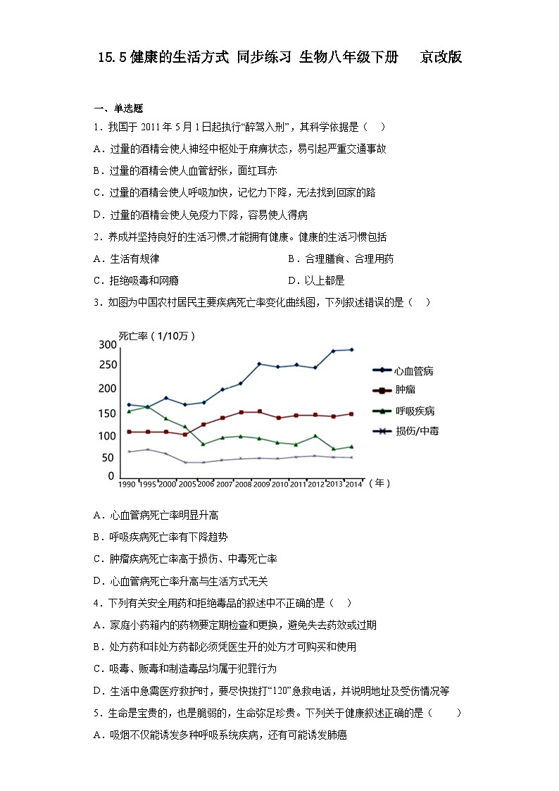 15.5健康的生活方式 同步练习（含解析） 生物八年级下册   京改版第1页
