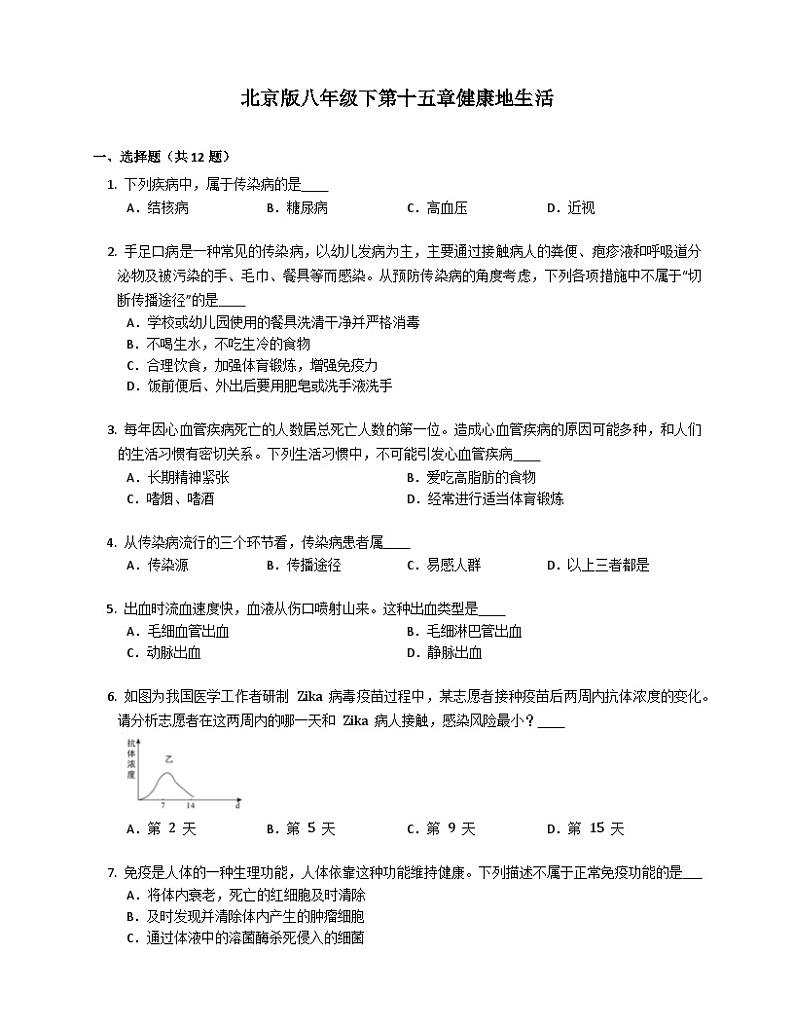 北京版八年级下生物第十五章健康地生活练习（含答案）第1页