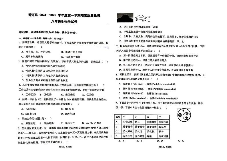 河北省廊坊市香河县2024-2025学年八年级上学期1月期末生物试题第1页