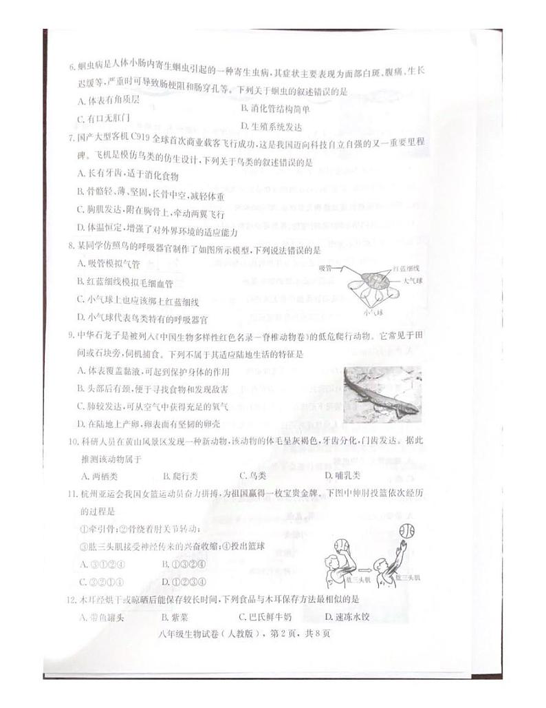 河北省石家庄市行唐县2024-2025学年八年级上学期期末学业质量检测 生物试题（PDF版，含答案）第2页