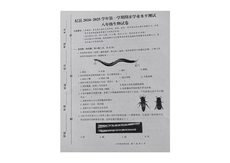 河南省开封市杞县2024-2025学年八年级上学期1月期末生物试题第1页