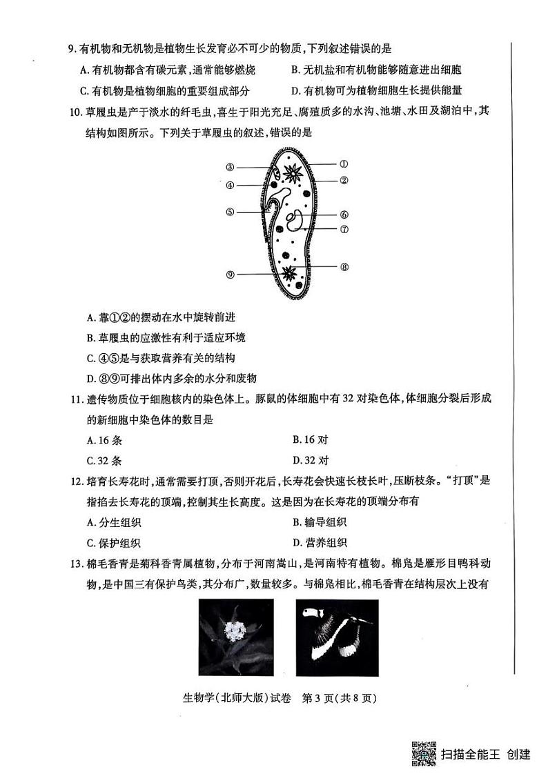 河南省新乡市2024-2025学年七年级上学期期末生物试卷第3页