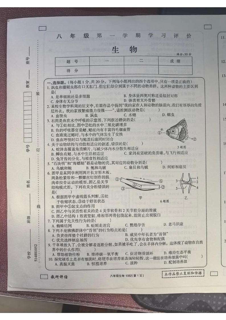 河南省新乡市原阳县路寨乡贾村实验学校2024-2025学年八年级上学期1月期末生物试题第1页