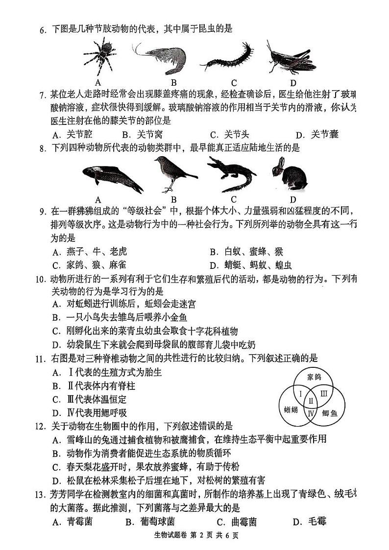 湖南省怀化市2024-2025学年八年级上学期期末考试生物试卷第2页