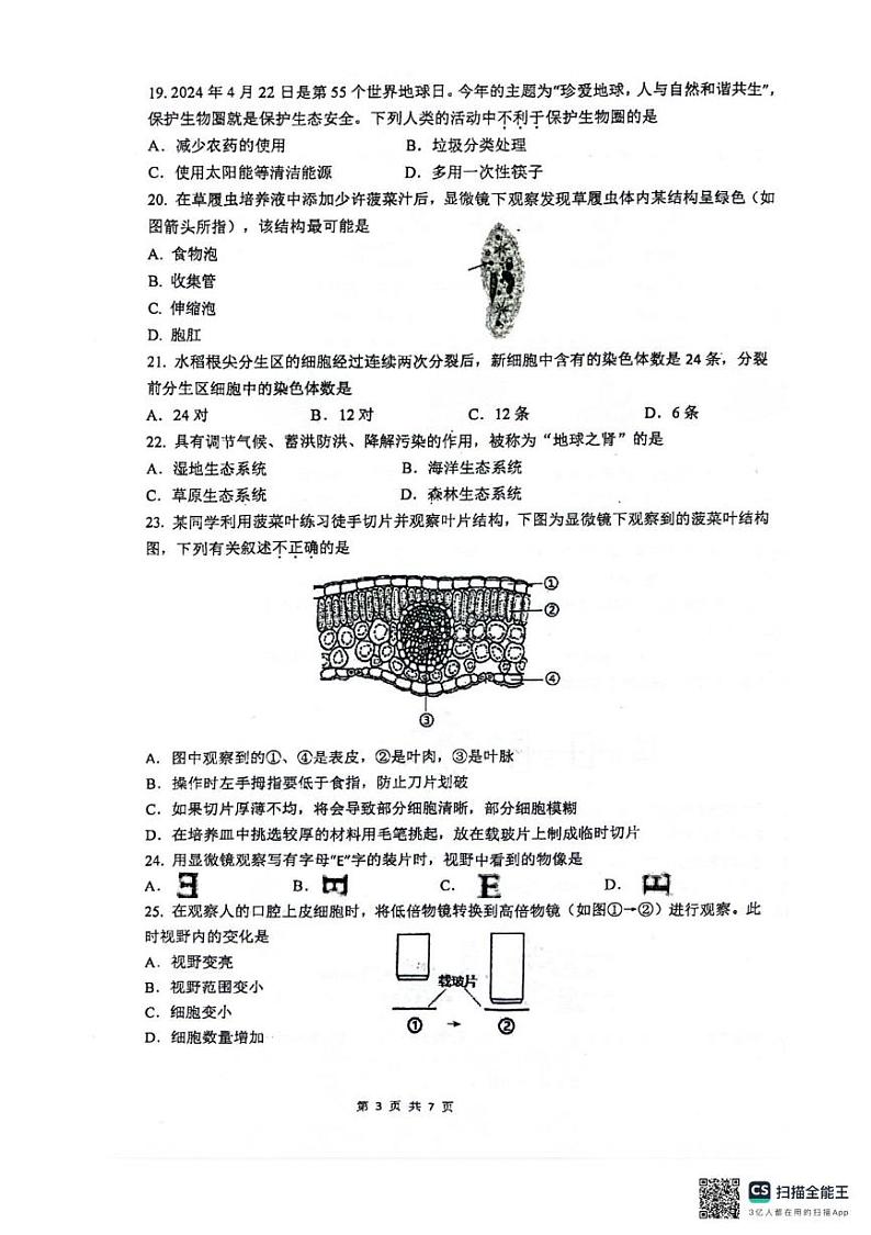 江苏省泰州市靖江市2024-2025学年七年级上学期1月期末生物试题第3页