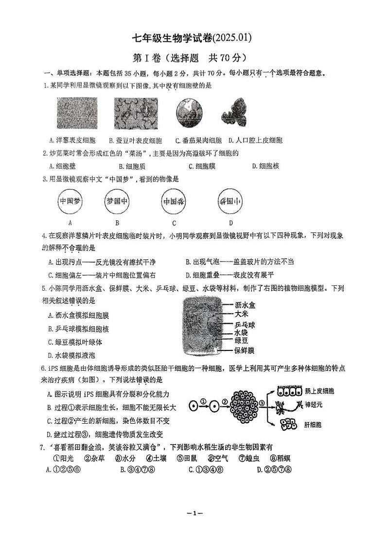 江苏省镇江市丹阳市华南实验初级中学2024-2025学年七年级上学期1月期末生物试题第1页