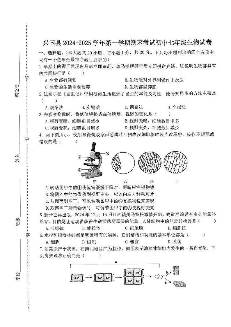 江西省赣州市兴国县2024-2025学年七年级上学期1月期末生物试题第1页